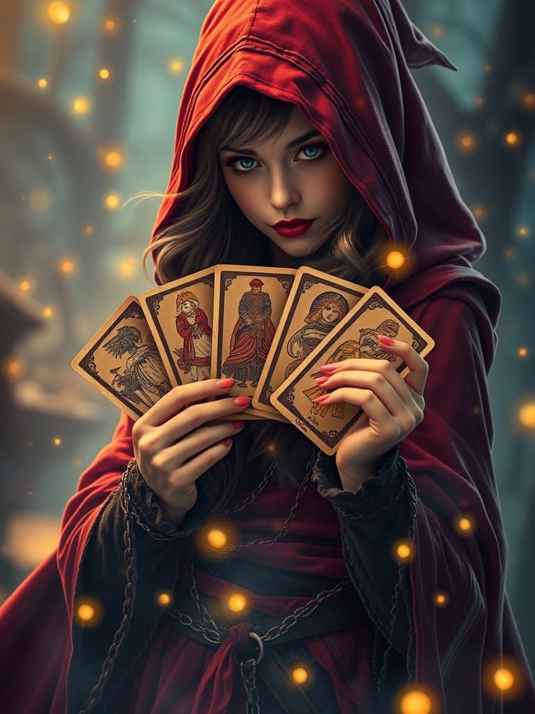 "Realistic image of a female mage in a dramatic pose, holdin...