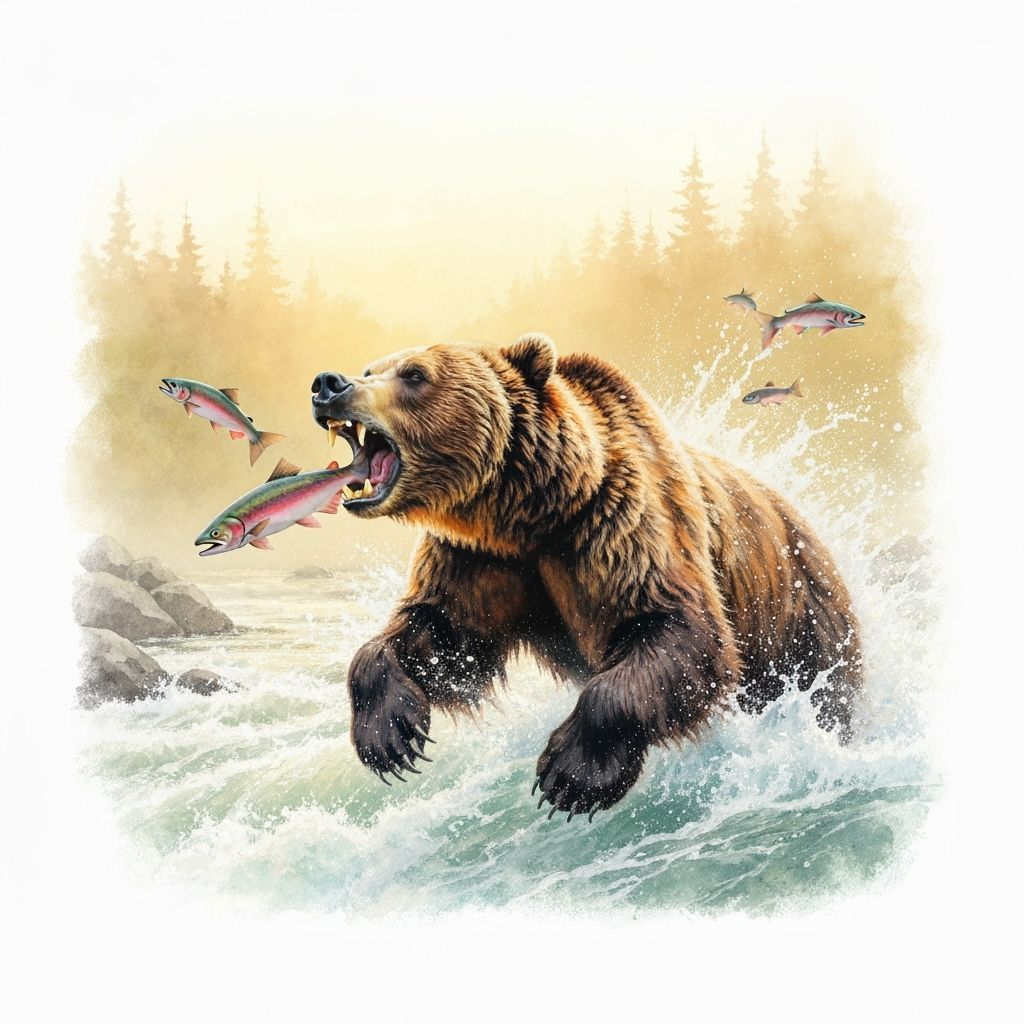 Abstract Impressionist Grizzly Bear Catches Salmon in Waterc...