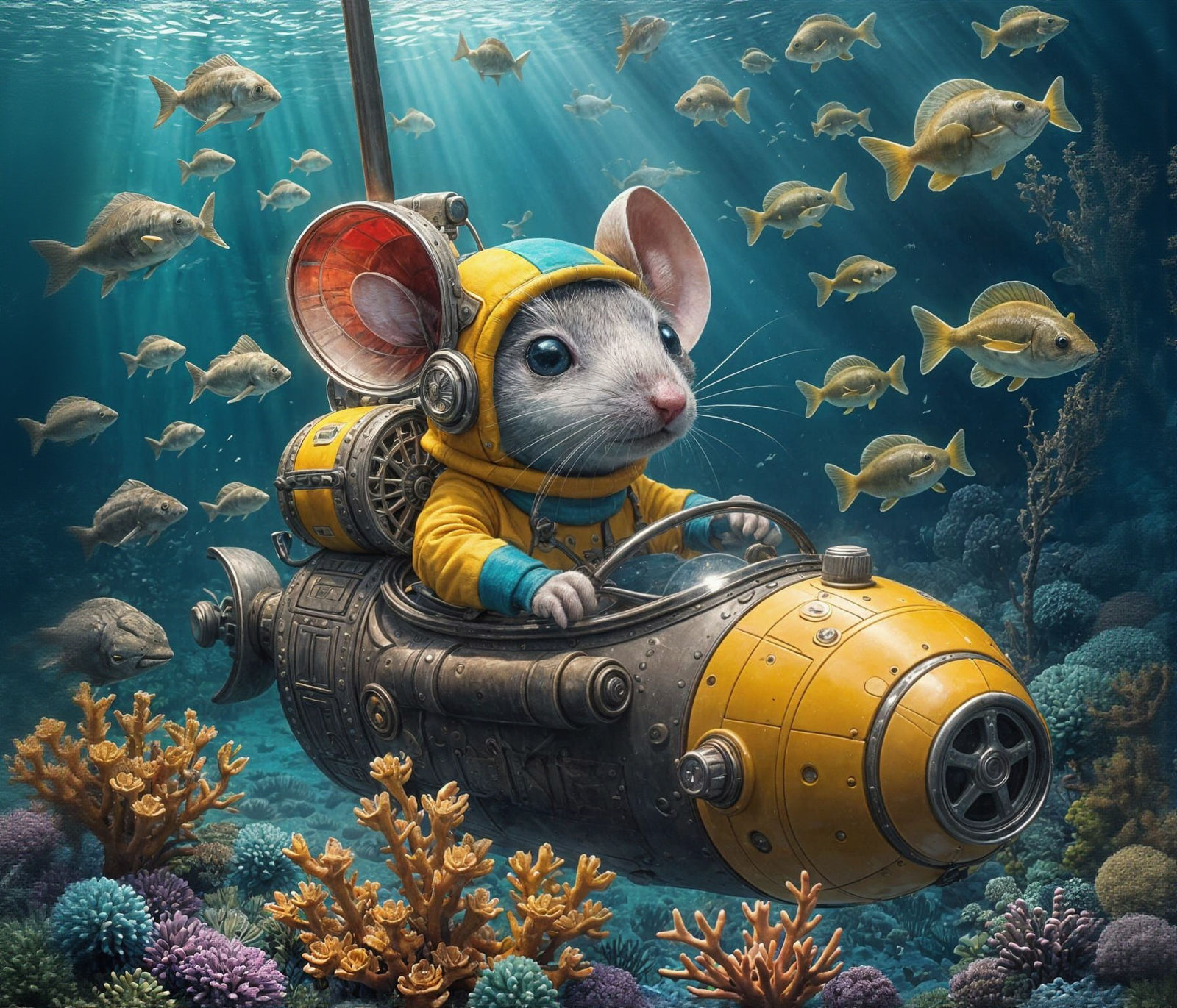 Cute Mouse in Submarine: Hyperrealistic Underwater Scene