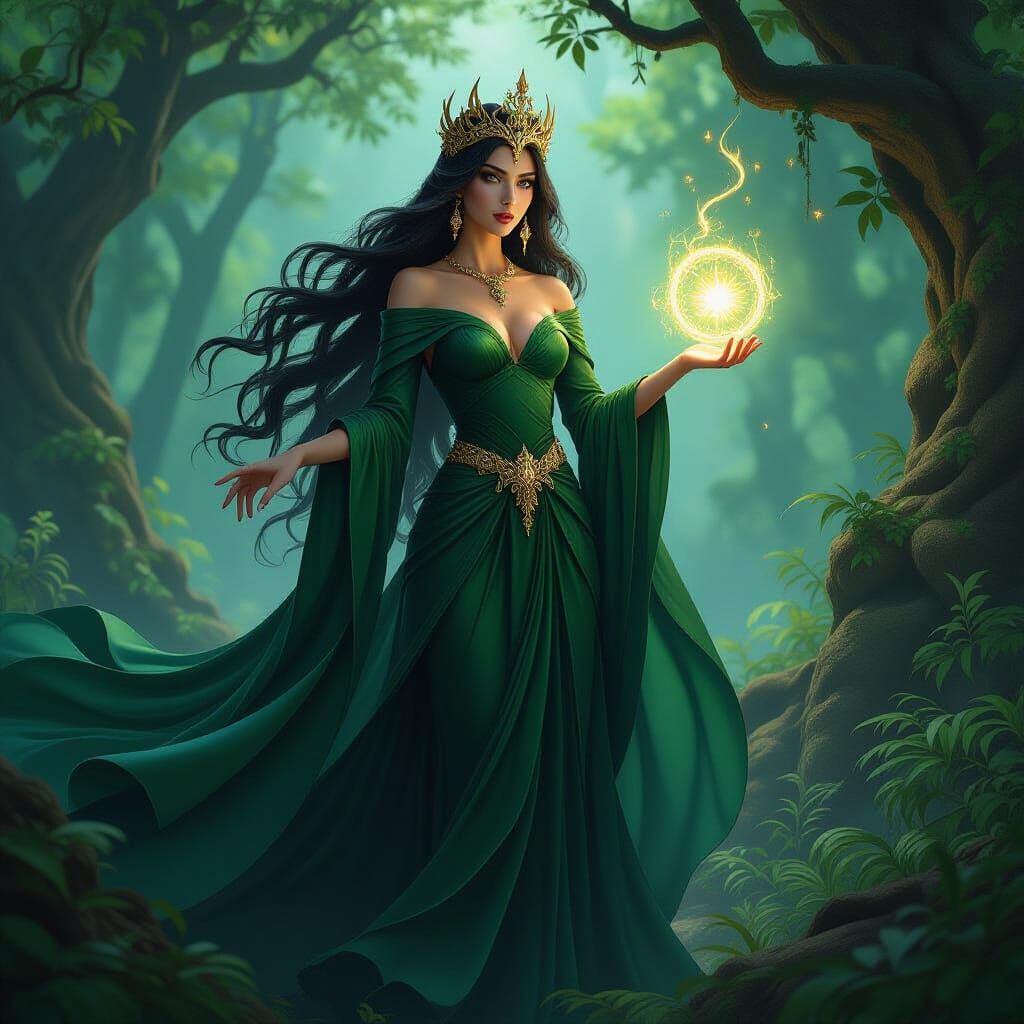 Goddess of Elements Casting Spell in Dark Forest