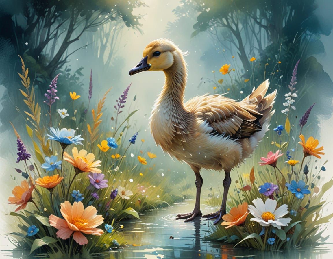 Gosling in Dew-Sparkled Meadow: Neo-Impressionist Oil Painti...