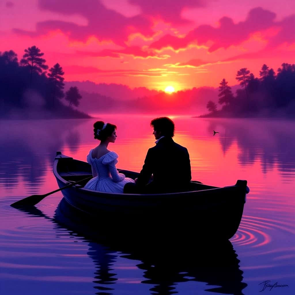 Regency Romance: Couple in Rowboat at Dawn