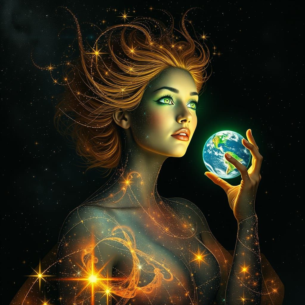 Eternal Woman Embodied in Cosmic Fashion, Hair as Golden Sta...