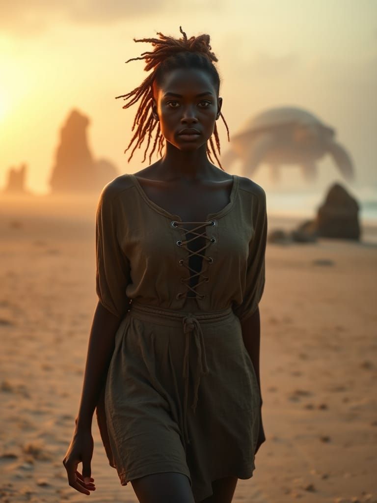 Contemplative Woman on Beach at Sunset: Cinematic Still