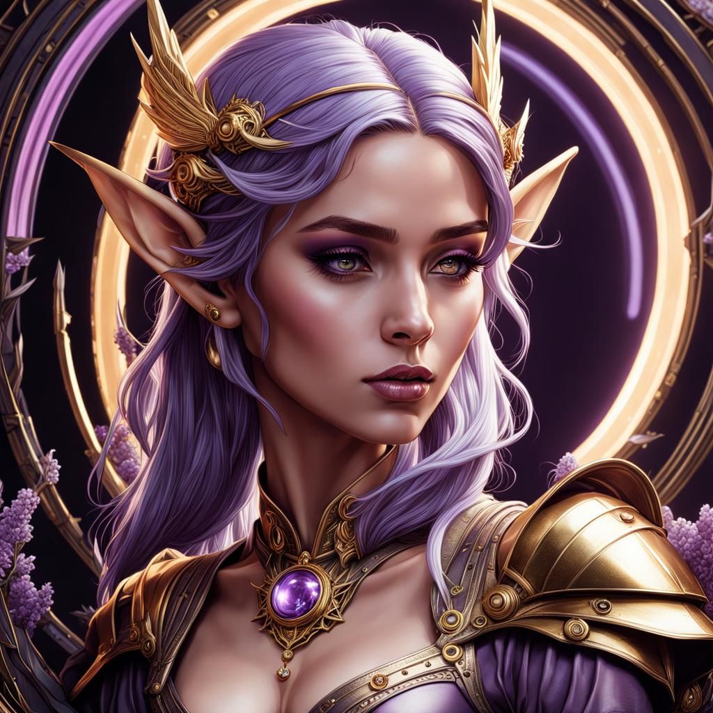 Aetherpunk Elf Portrait with Lilac and Gold Halo
