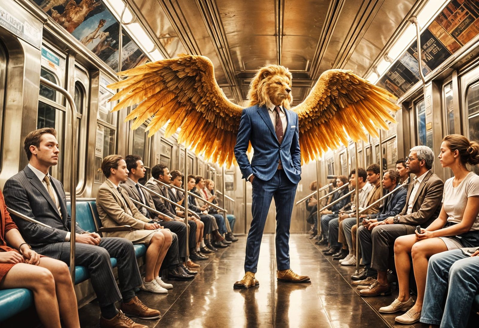 A majestic bipedal griffin with a golden mane stands confide...