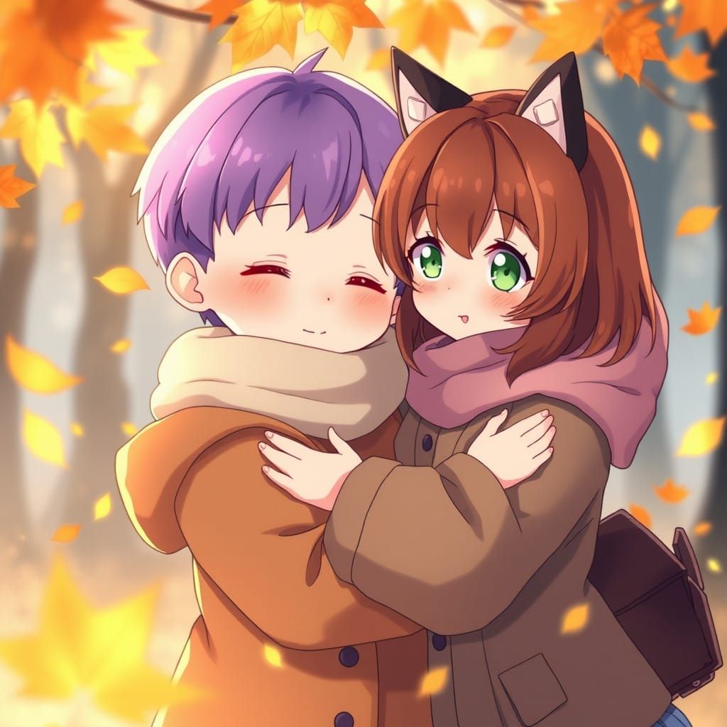 Surreal Autumn Anime Hug Scene in Watercolor Style
