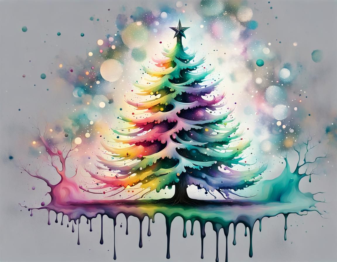 Rainbow Christmas Tree Splash Art Ink Painting