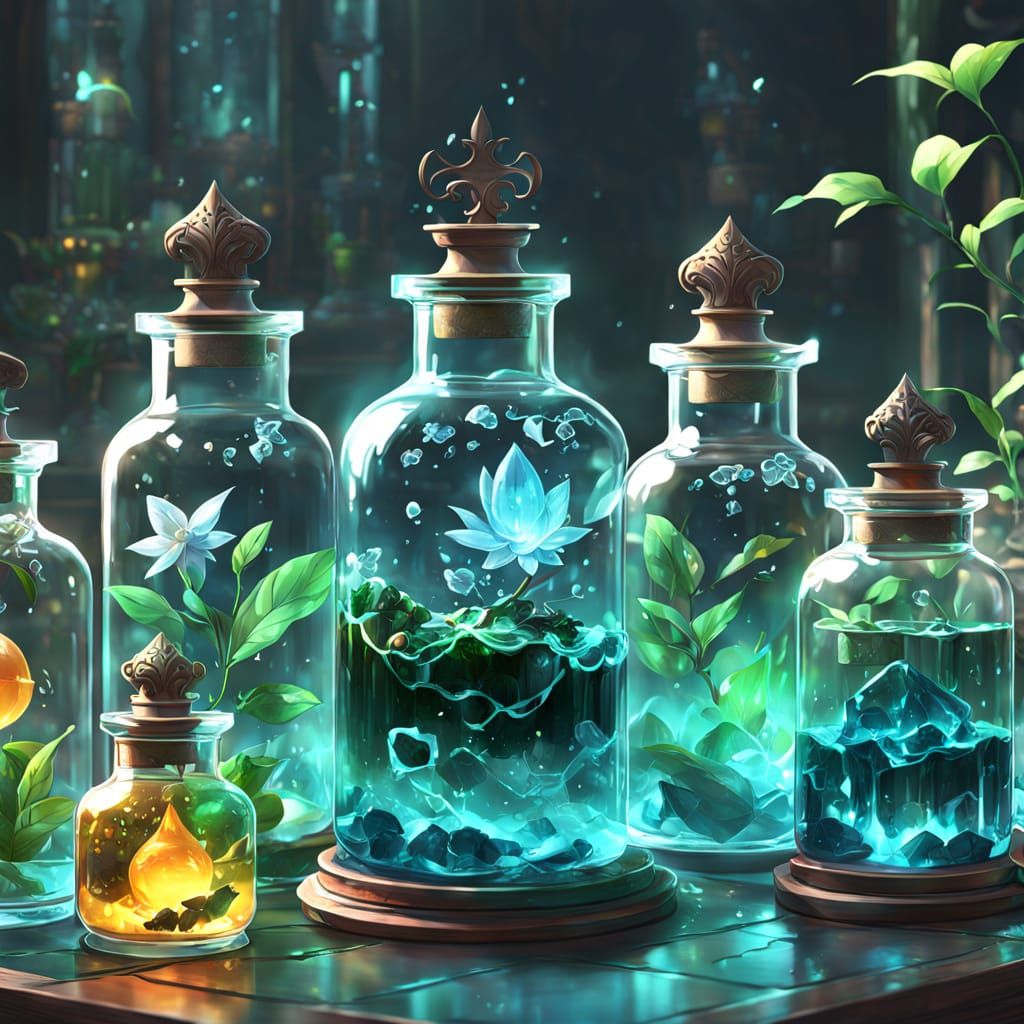 a set of revealing secrets potions in glass jars