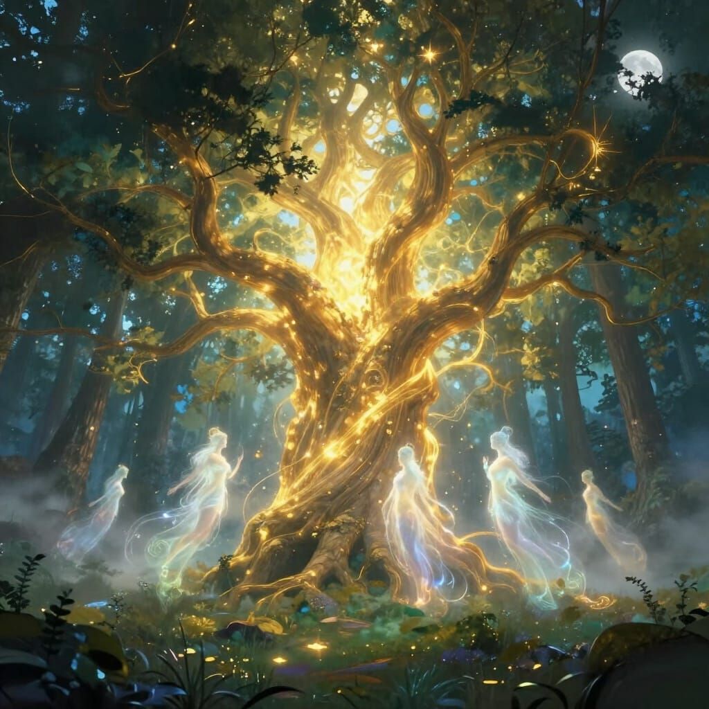Ethereal Nature Spirits Flowing from Ancient Tree