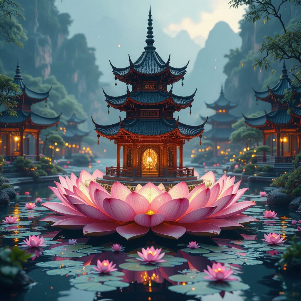 Bling Fantasy Lotus Pond Pagoda: Cinematic Still