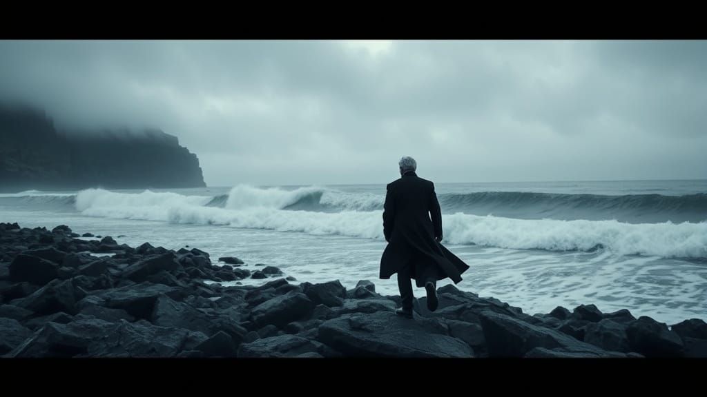 Melancholic Figure on Rocky Shore in B&W