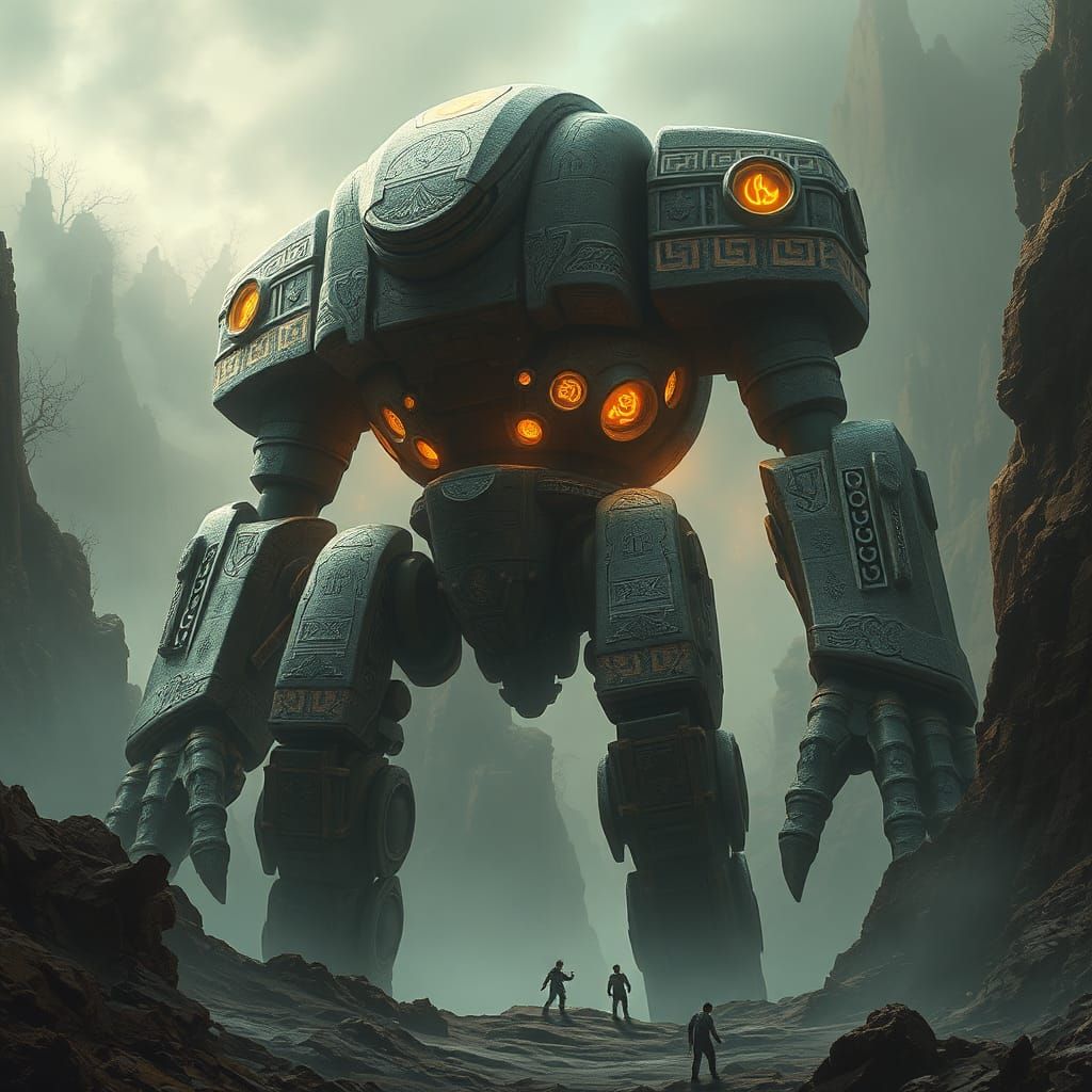 Colossal Stone Robot in Mystical Landscape