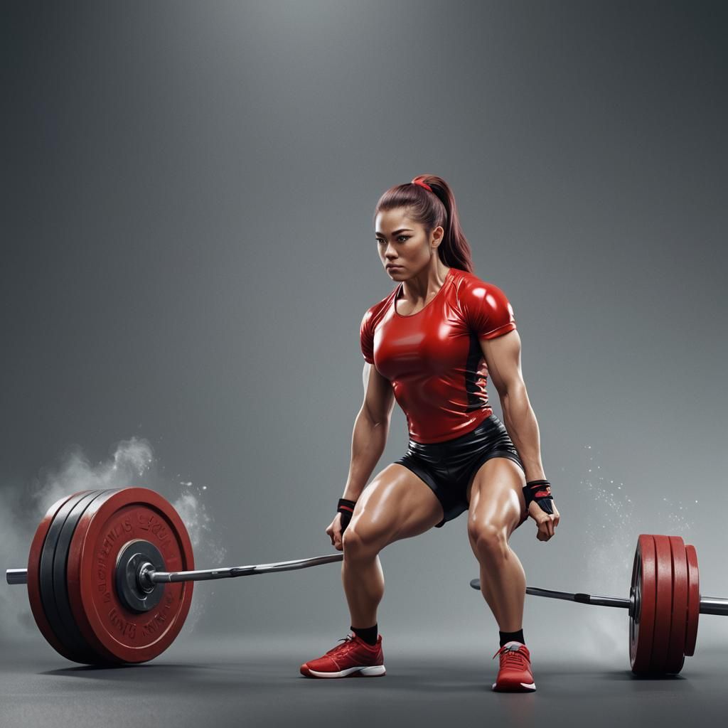 Strong Woman Weightlifter in Shiny Latex Outfit