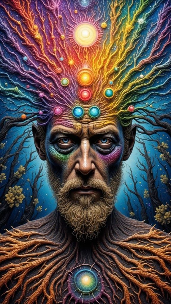 Fractal Faced Man with Rainbow Roots: Digital Art