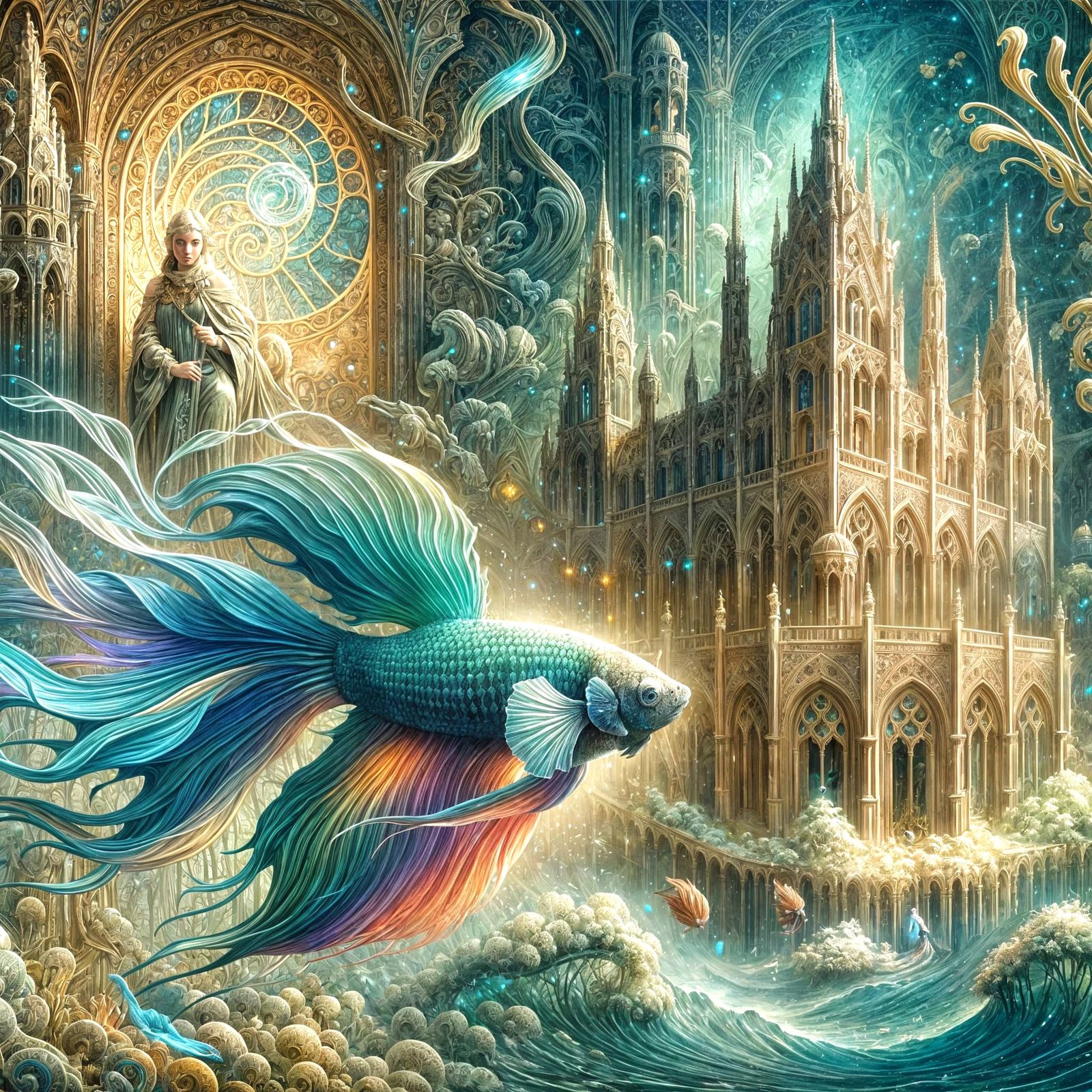 Bioluminescent Betta in Sunken Gothic City as Oil Painting