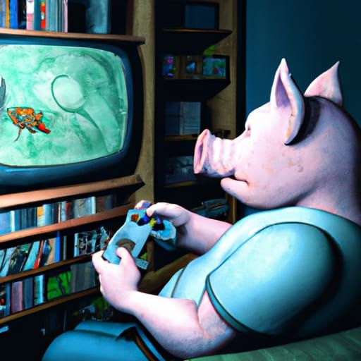 Pig Gamer in Comic Book Style