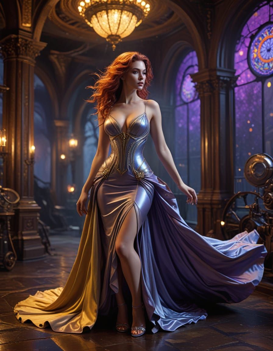 A slender woman stands confidently, draped in an alluring si...