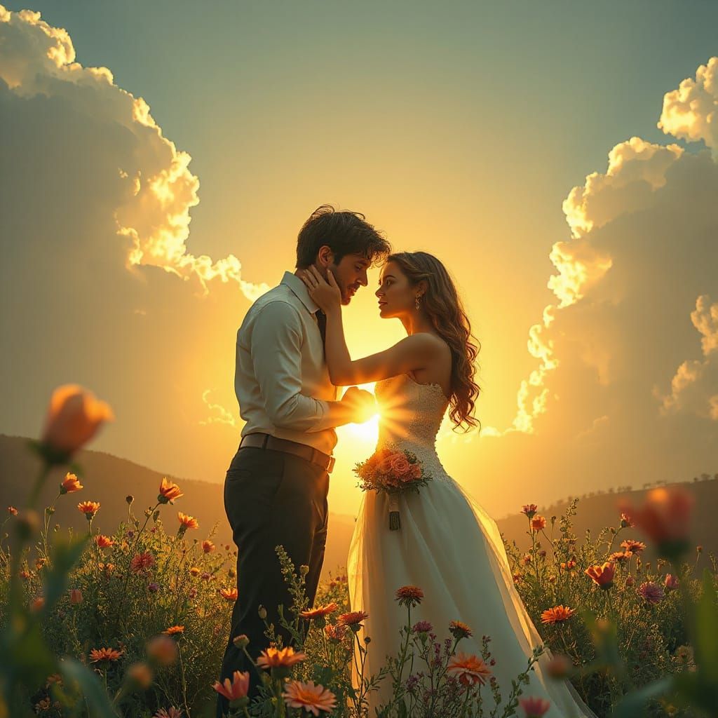 Romantic Couple in Golden Light, Art Nouveau Style