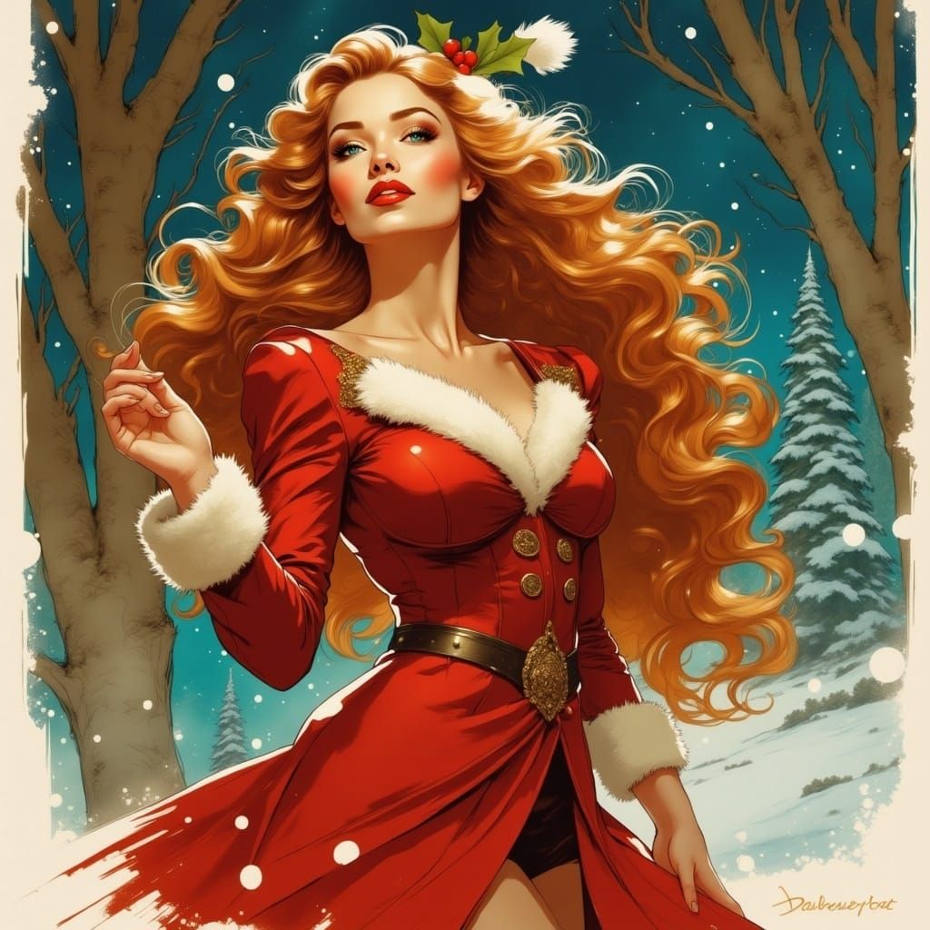 Elegant Mrs. Claus in Crimson Velvet Coat, Flirtatiously Kis...
