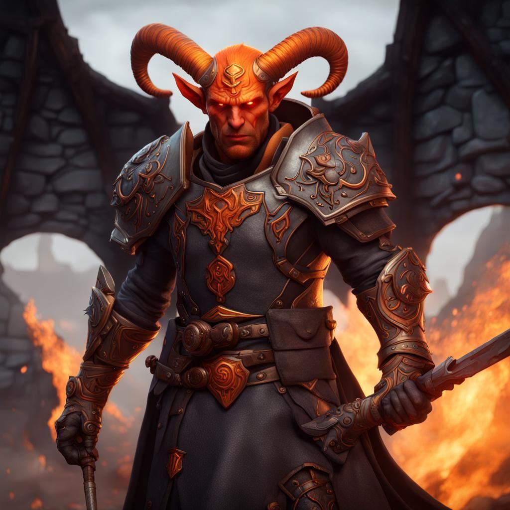 Tiefling Paladin with Hellboy Horn, Detailed Matte Painting