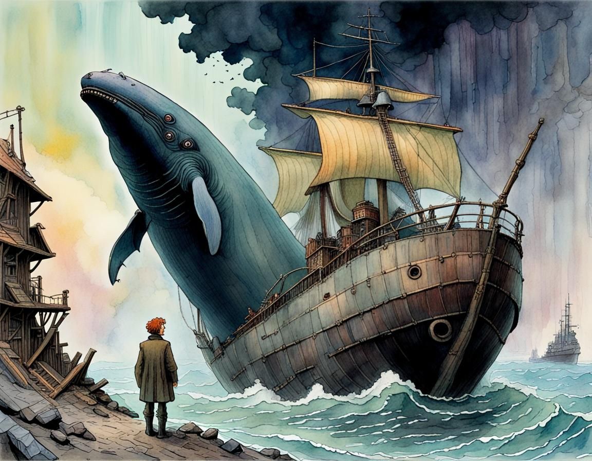 Moby Dick in 31st Century: Ghibli-Style Illustration