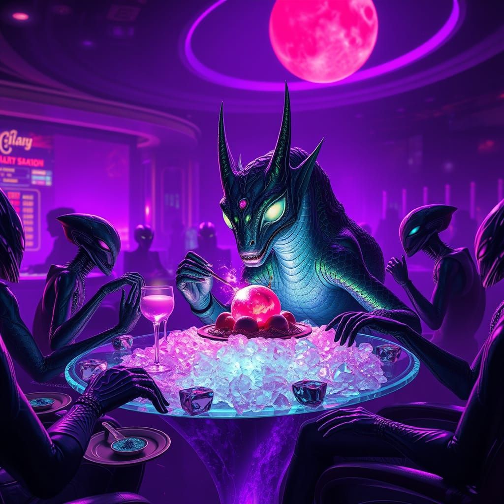 Galactic Casino: Xylar's Cosmic Dessert in Futuristic Style