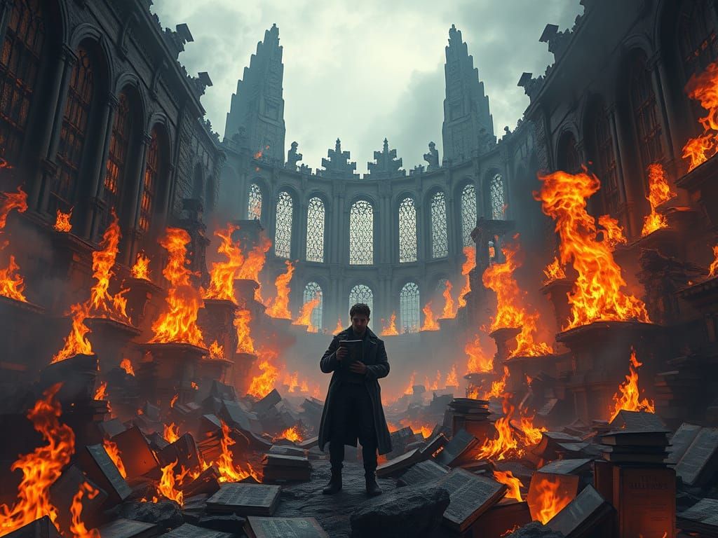 Dystopian Book Burning: Guy Montag Defies Flames in Futurist...