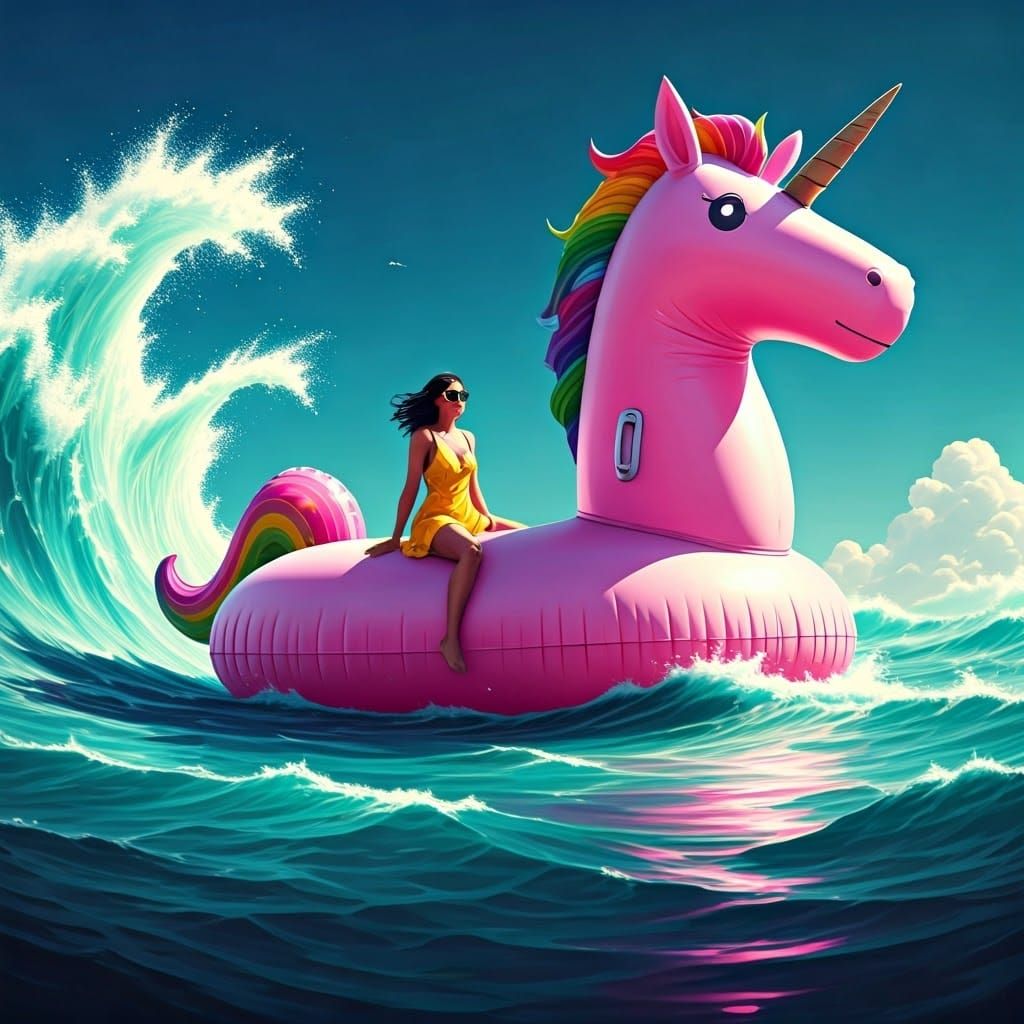 Giant Pink Unicorn Pool Float in Wave Pool