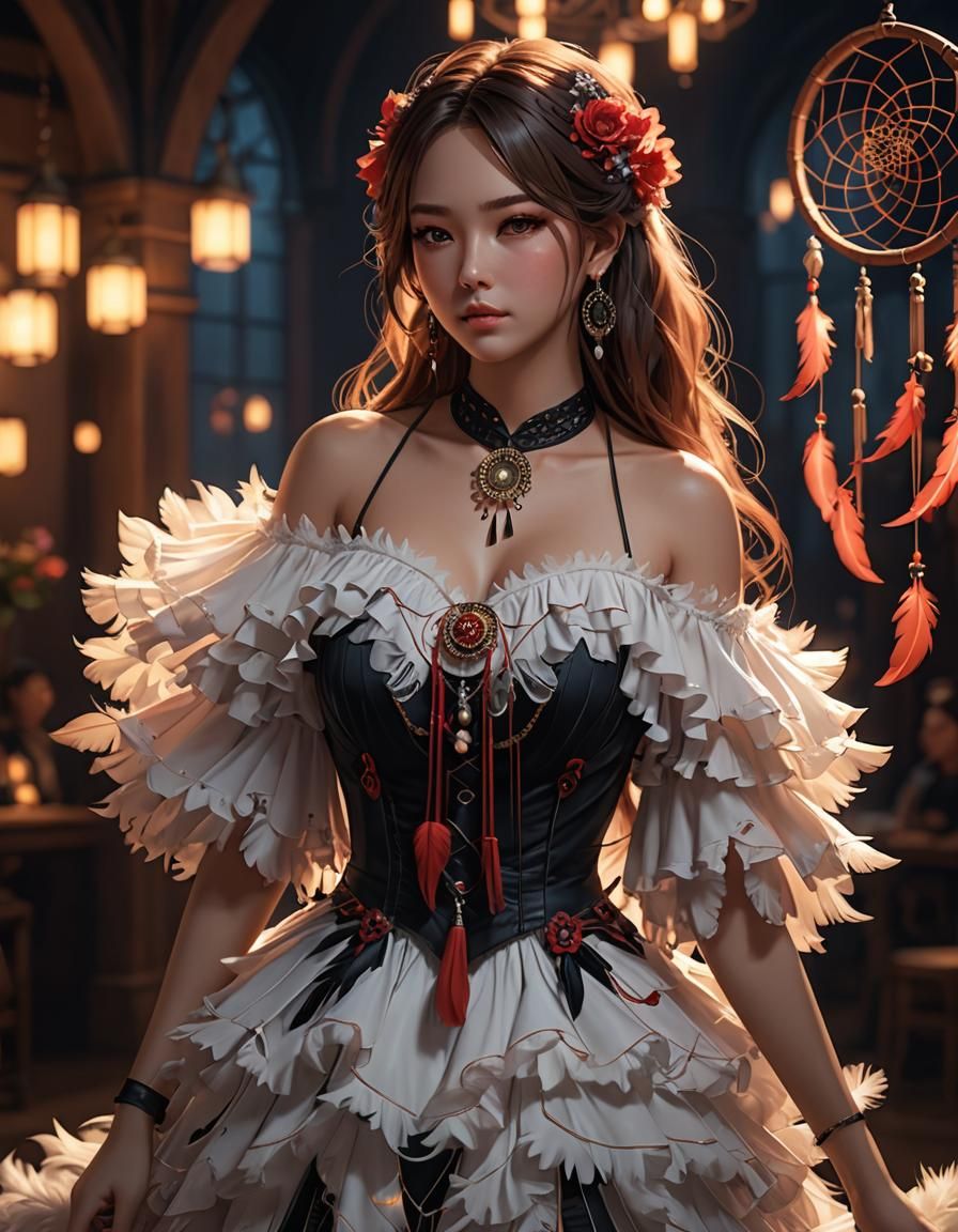 Dreamcatcher in Flowing Ruffle Dress: 3D Anime Art