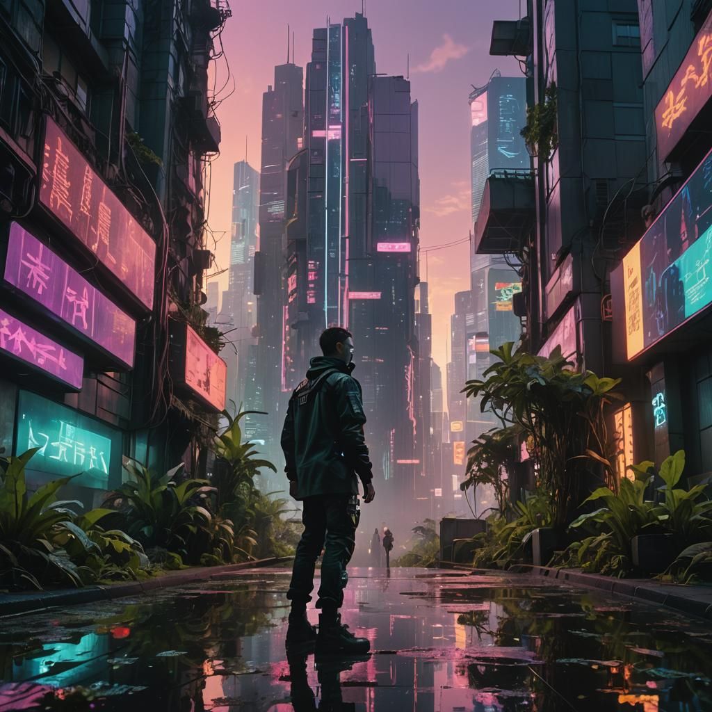 Cyberpunk Garden Film Still in Dystopian Setting