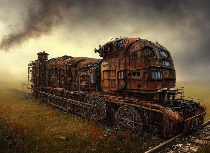 Derelict Steampunk Locomotive in Romantic Golden Age Landsca...