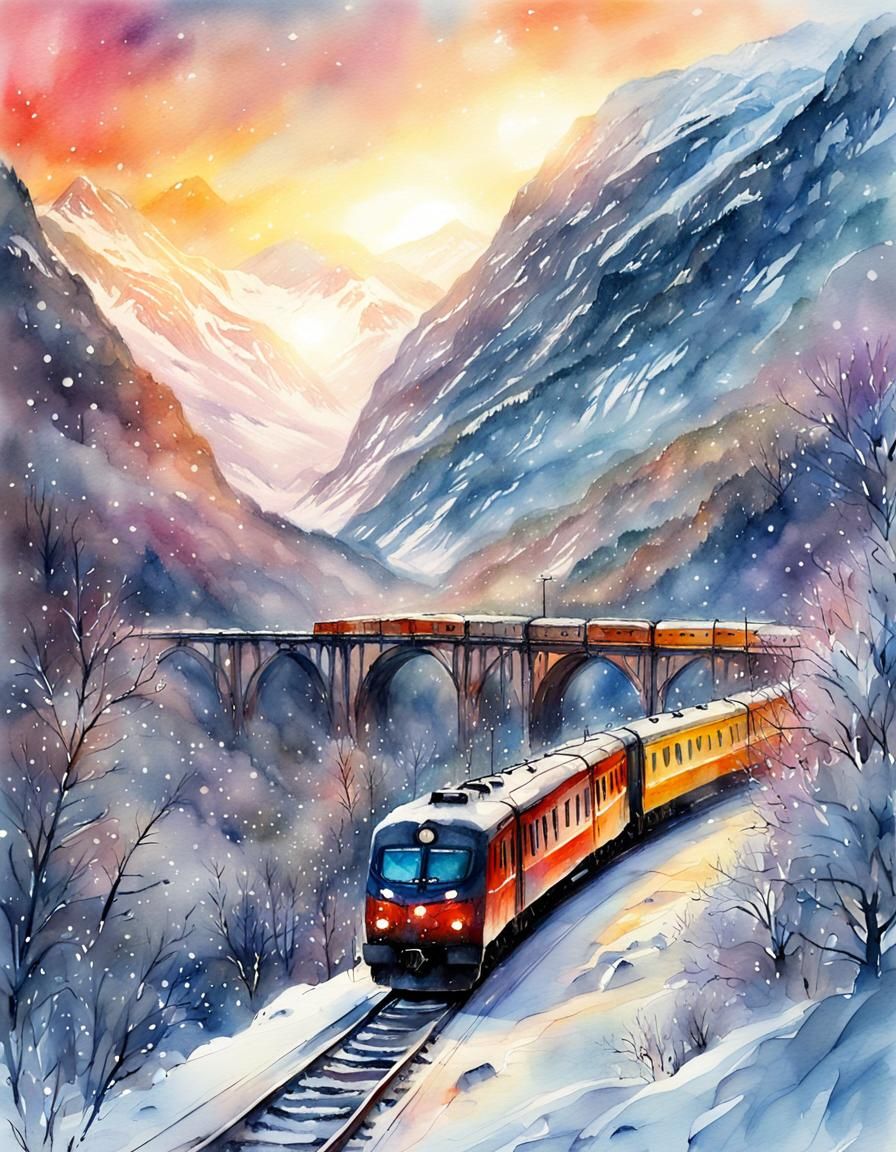 Flam Railway in Winter: A Digital Watercolor Fantasy