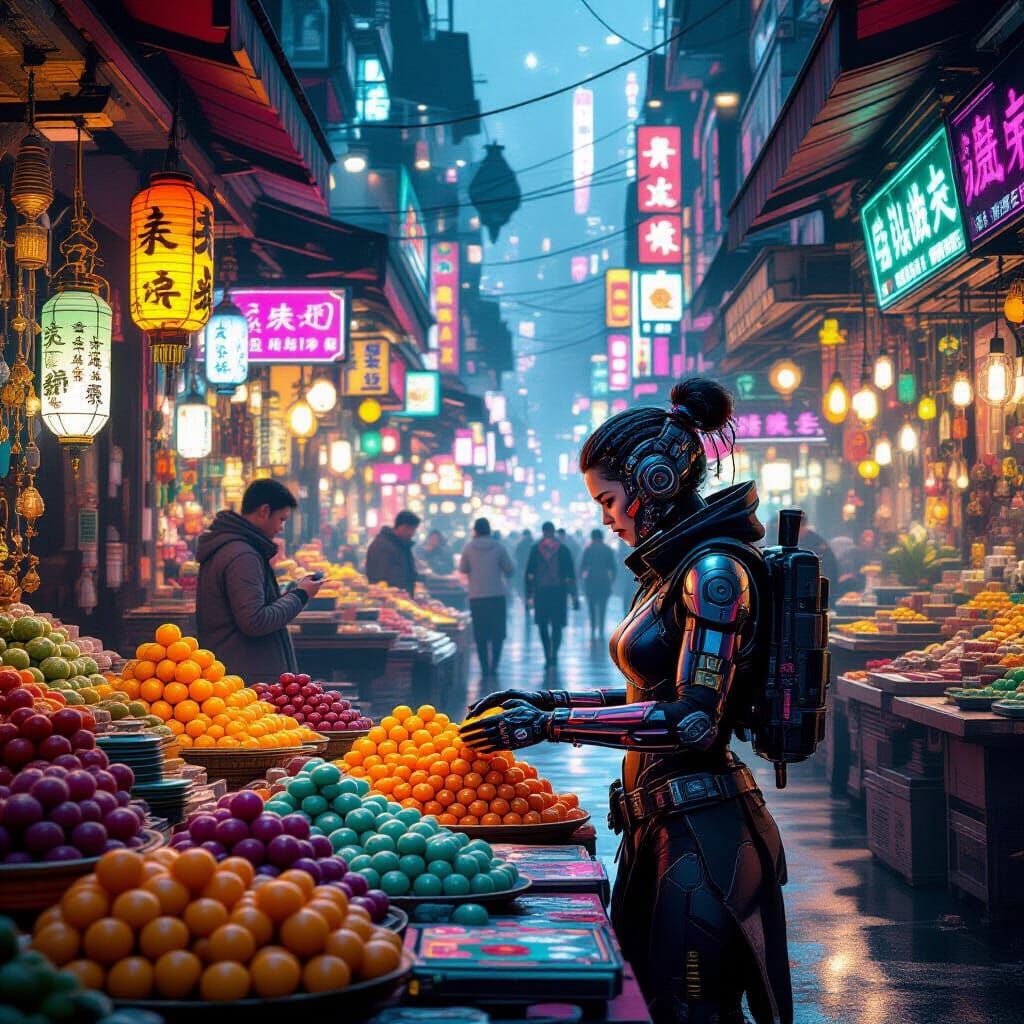 Cyberpunk Street Market with Cybernetic Vendor