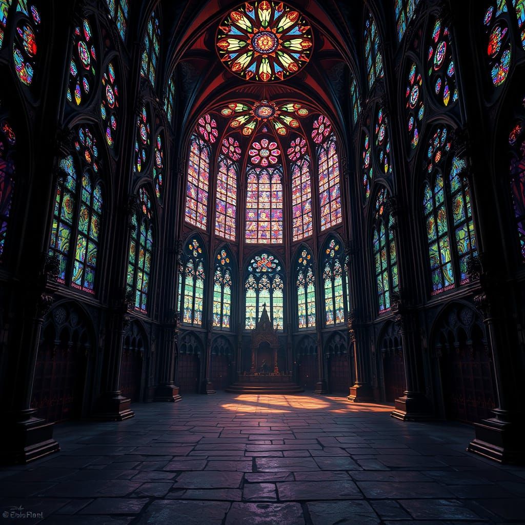 Gothic Cathedral with Kaleidoscopic Stained Glass in Dark Fa...