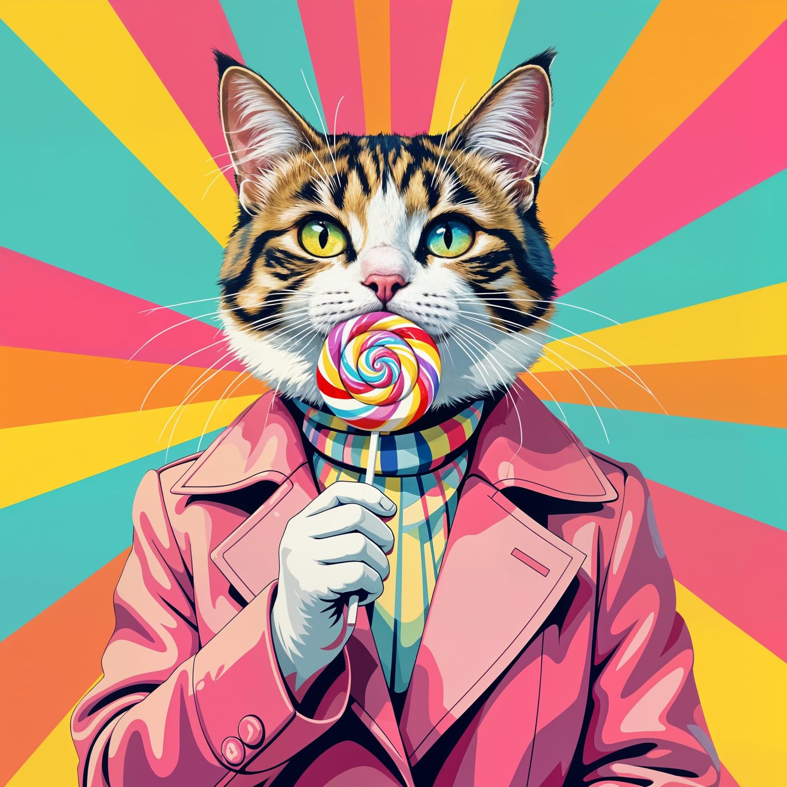 Pop Art Cat Licking Lollipop in Screen Print Style