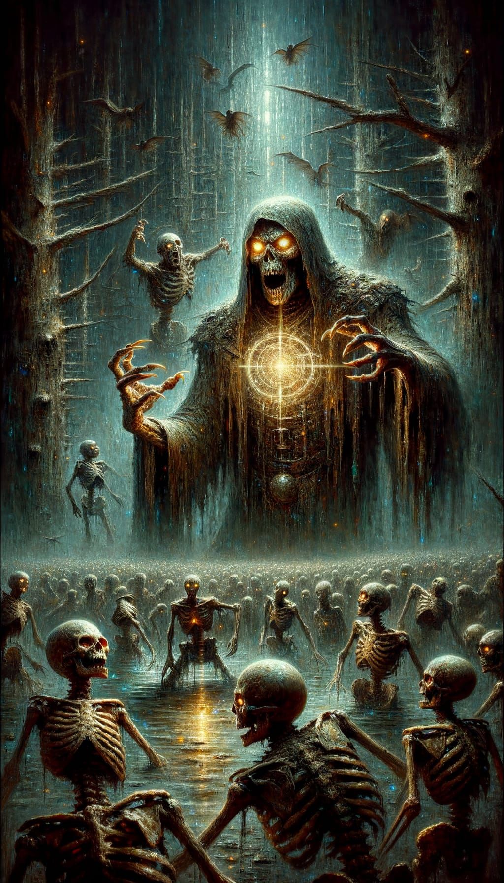 Fearsome Lich Raises Skeletons in Gritty Swamp