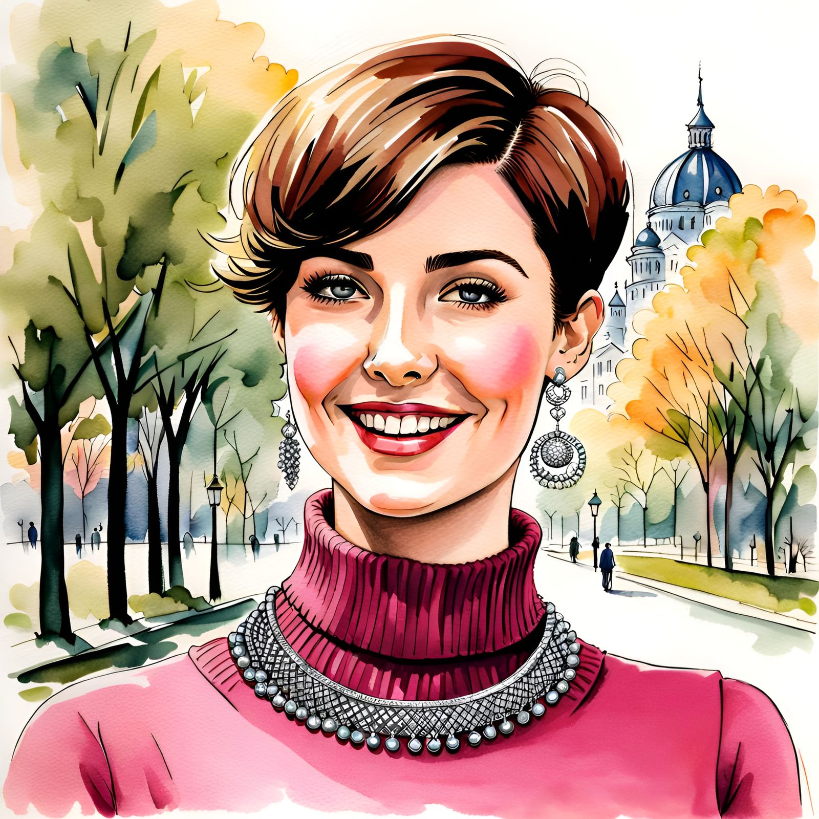 Enticing Brunette with Pixie Cut in Watercolor