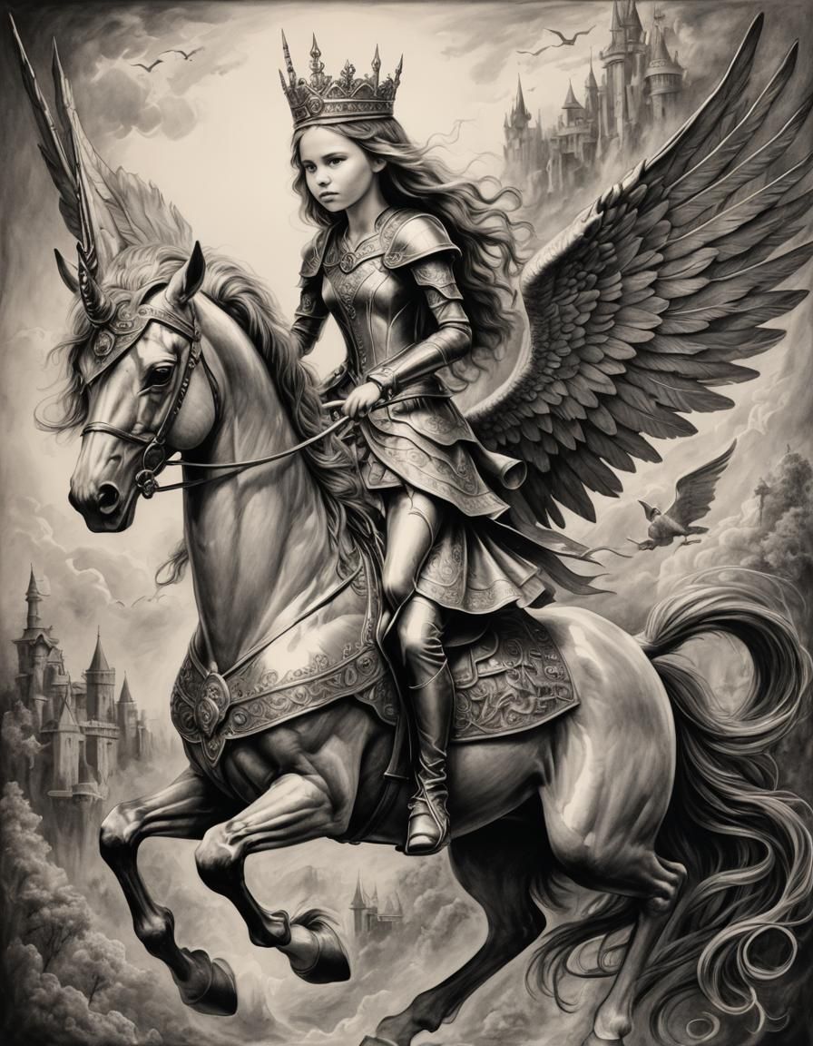 Princess on Alicorn in Detailed Charcoal Drawing