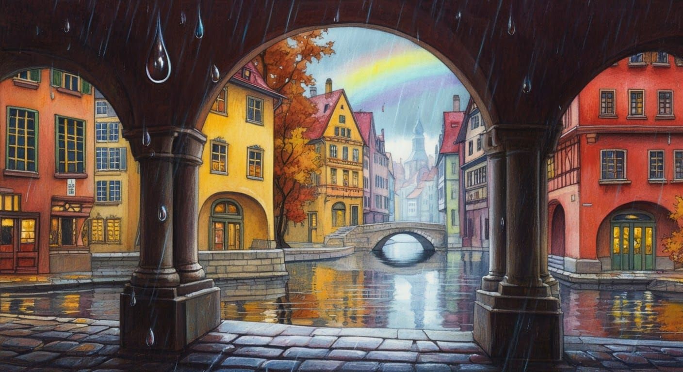Colorful Medieval Town in Autumn Rain, Watercolor Painting