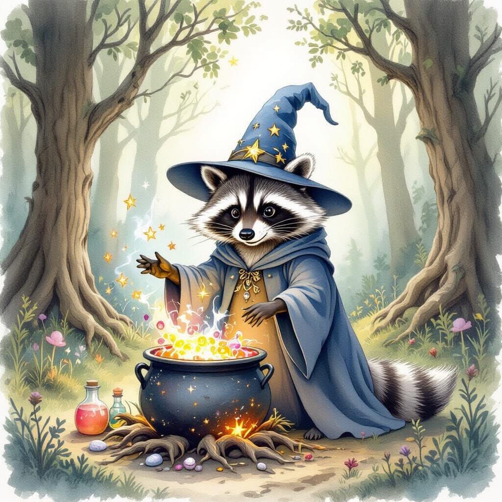 Raccoon Wizard Casting Spell in Watercolor Forest