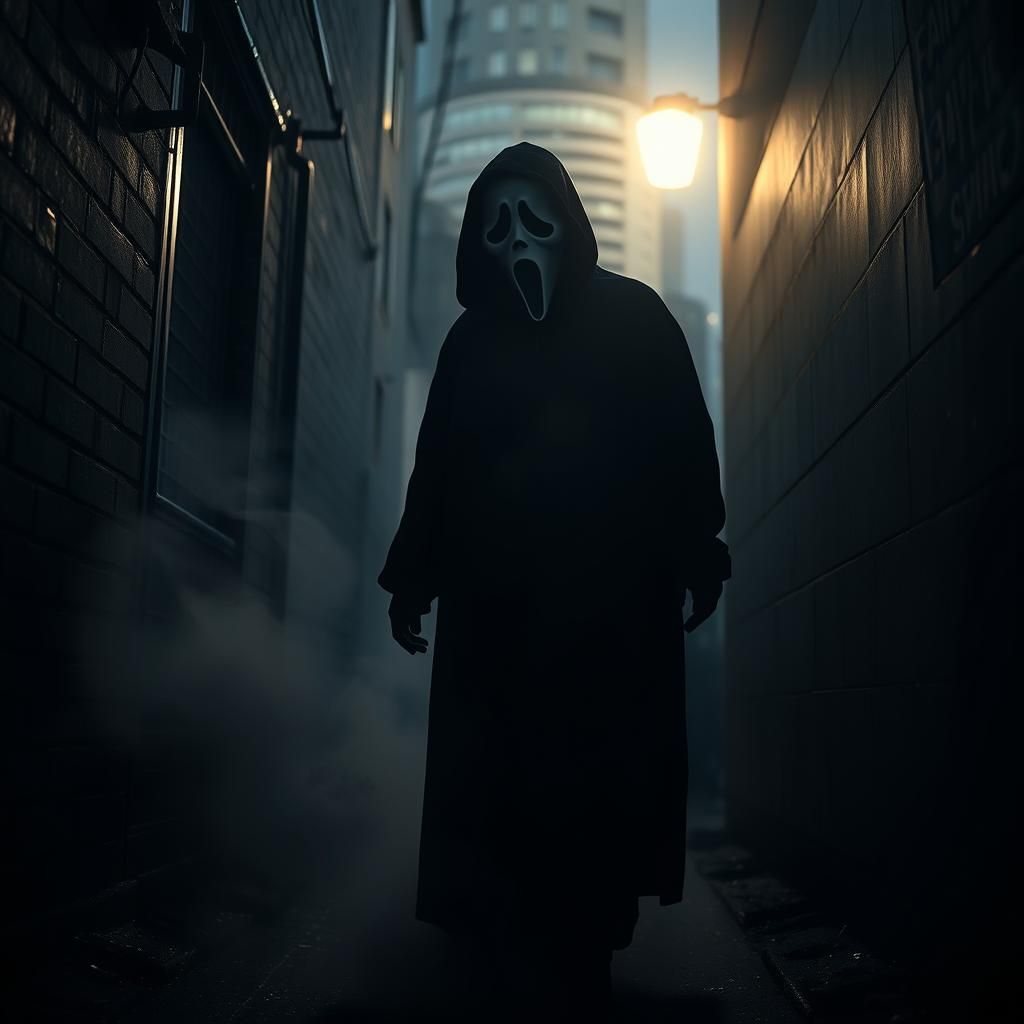 Ghostface in Dim Alleyway, Cinematic HDR Image