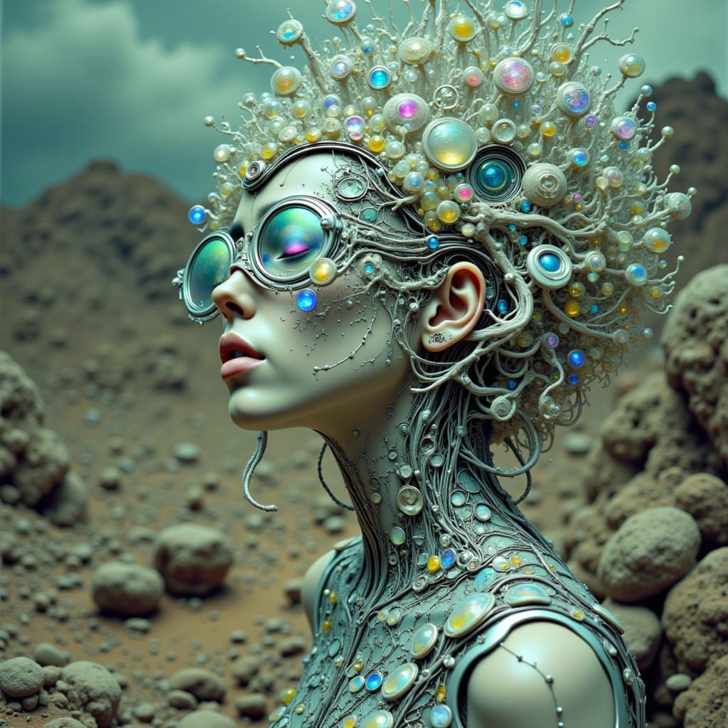 Ethereal Cyborg Woman with Jellyfish Tiara and Tentacle Glas...
