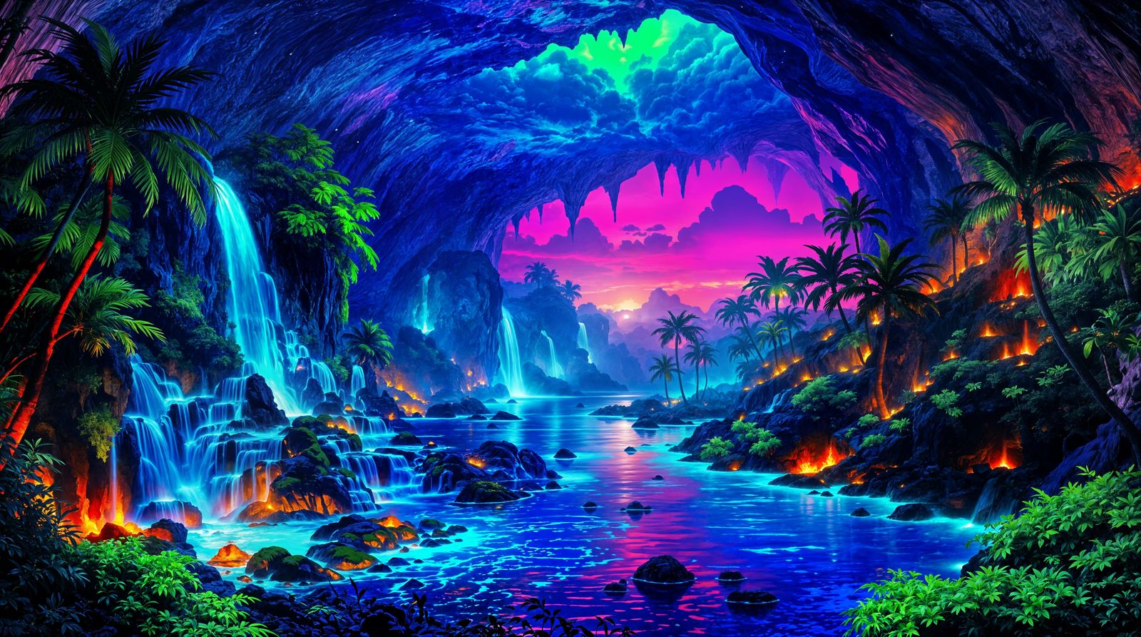 Luminescent Cavern with Waterfalls in Blacklight Art Style