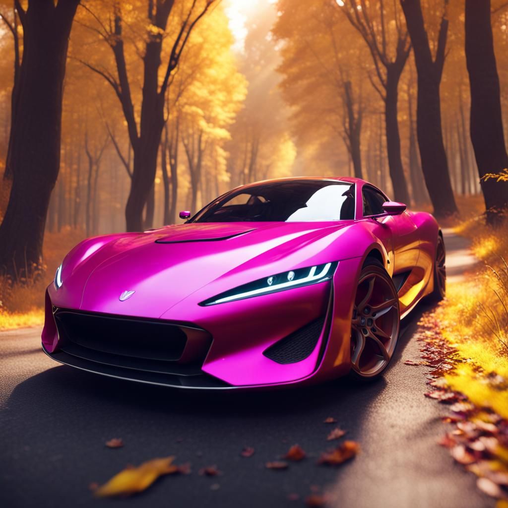 Magenta Sports Car in Bright Autumn Forest