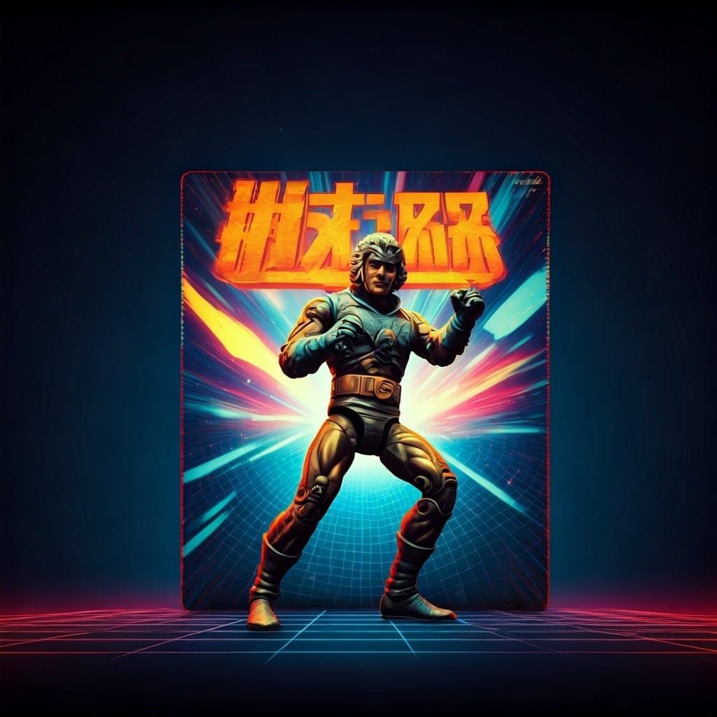 Retro 80s Action Figure Toy Box Art in Neon Color Scheme