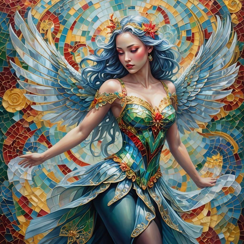 Lovely woman with wings and blue hair in front of a mosaic window