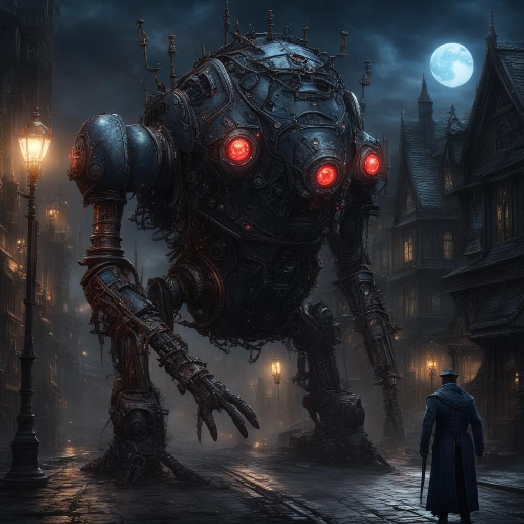 Steampunk Robot Puppet Walks Under Blue Moon