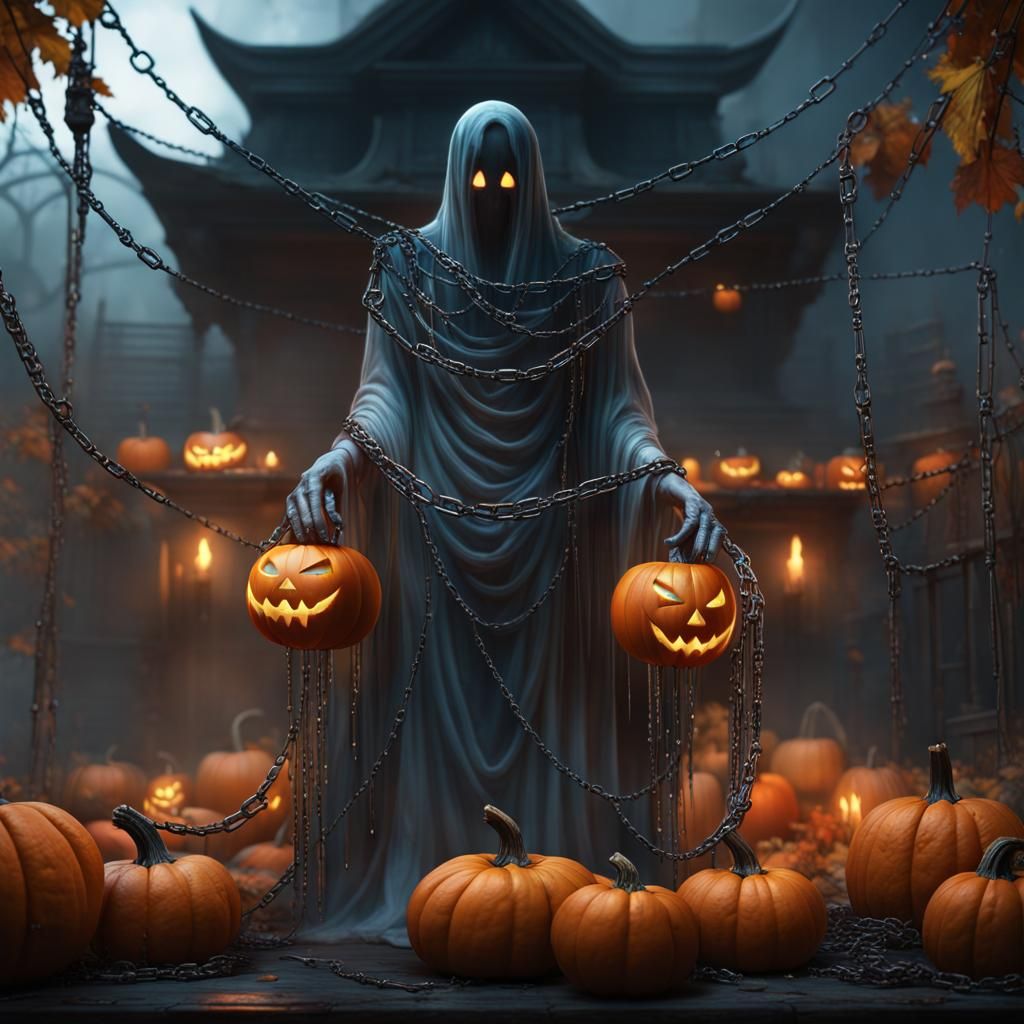 Ethereal Ghost with Pumpkins in Fantasy Art Style