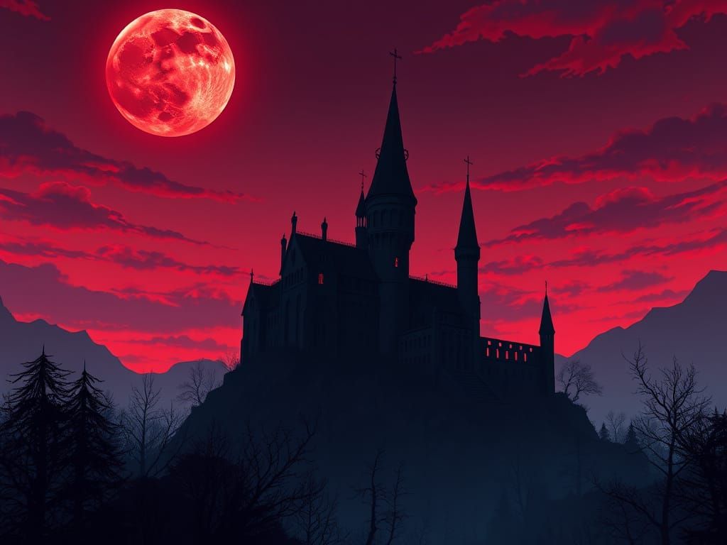 Gothic Vampire Castle Silhouette in Anime Style